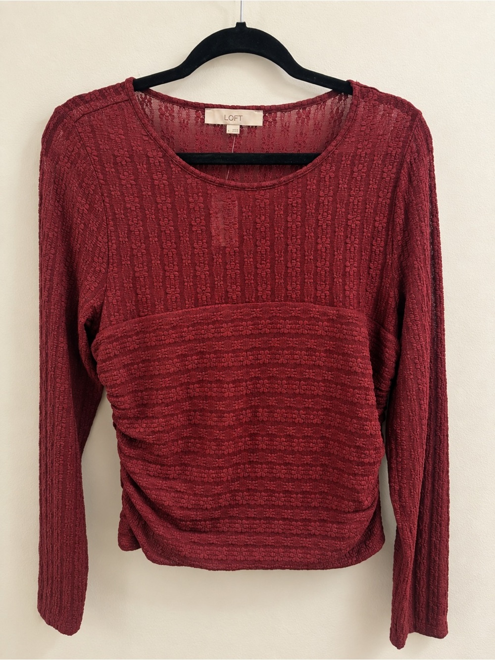 $65 LOFT NWT Women's Burgundy wine Textured lace Long-Sleeve blouse light top